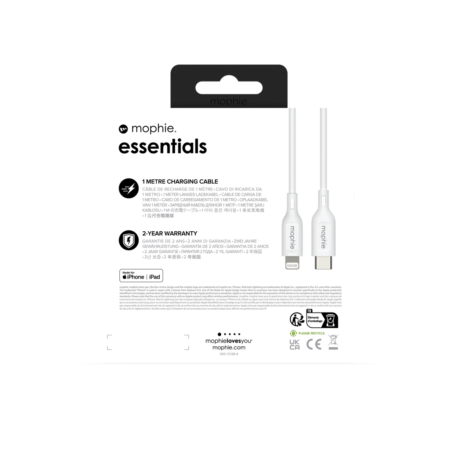 Mophie Essentials Câble USB-C vers Lightning 1 m Blanc