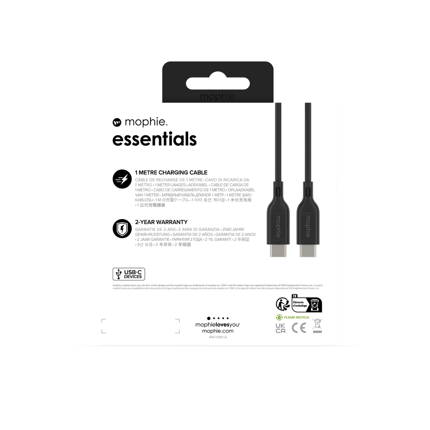 Mophie Essentials Câble USB-C vers USB-C 1 m Noir