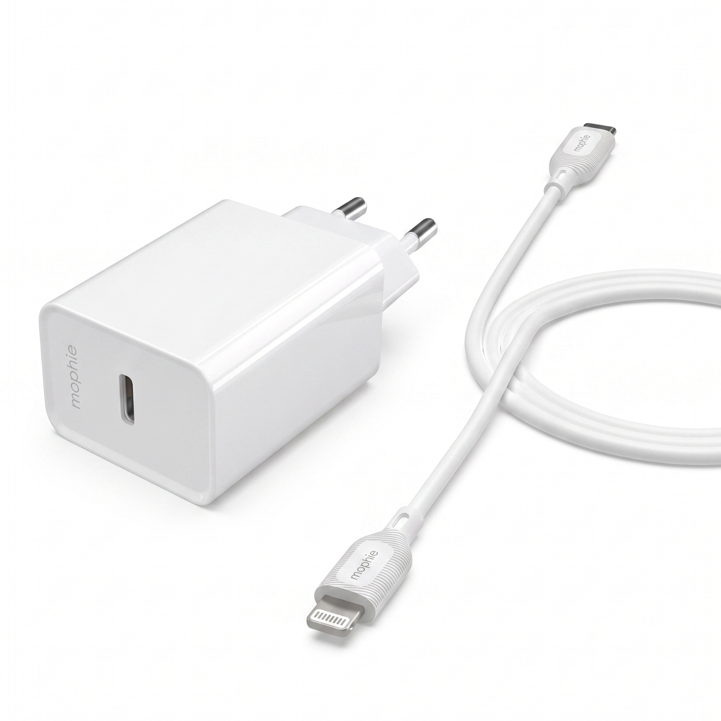 Pack Mophie Essentials 20W USB-C PD + Câble USB-C vers Lightning – Blanc