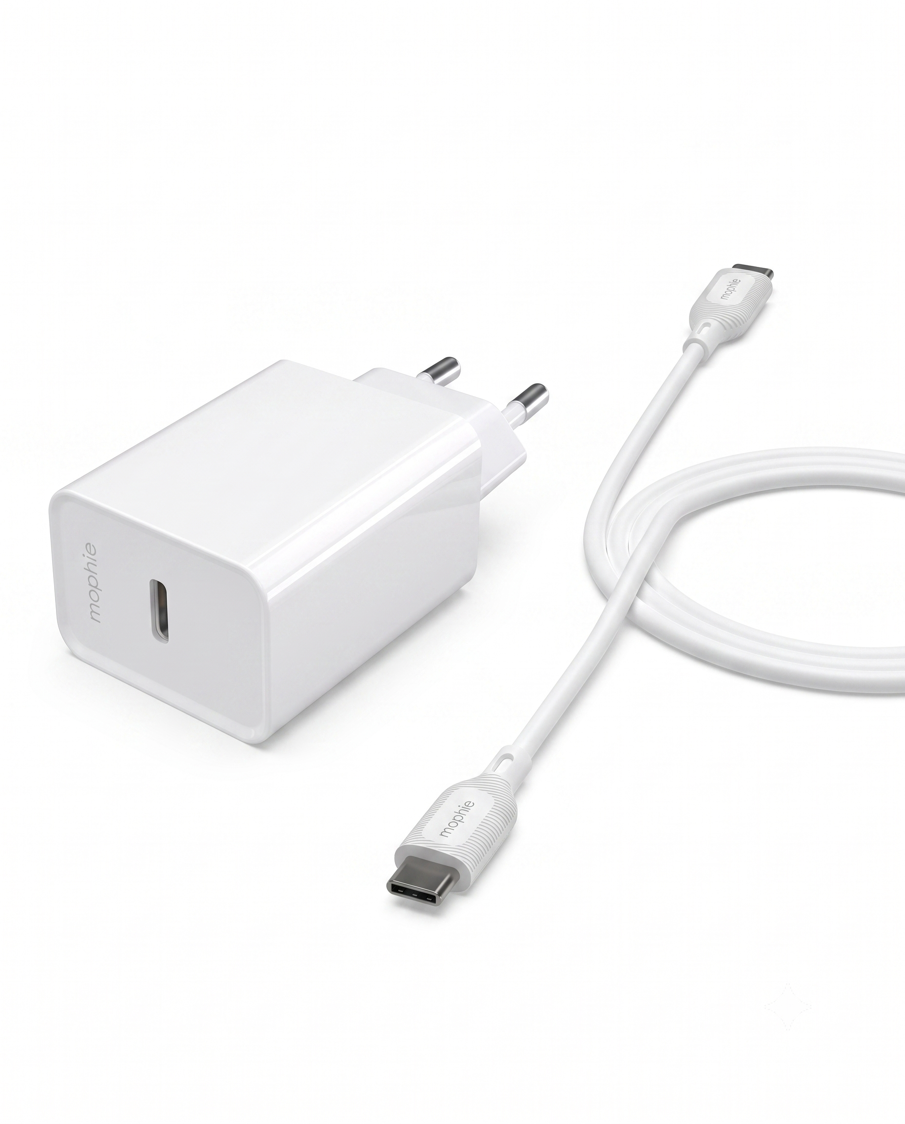 Pack Mophie Essentials 30W USB-C PD + Câble USB-C vers USB-C – Blanc